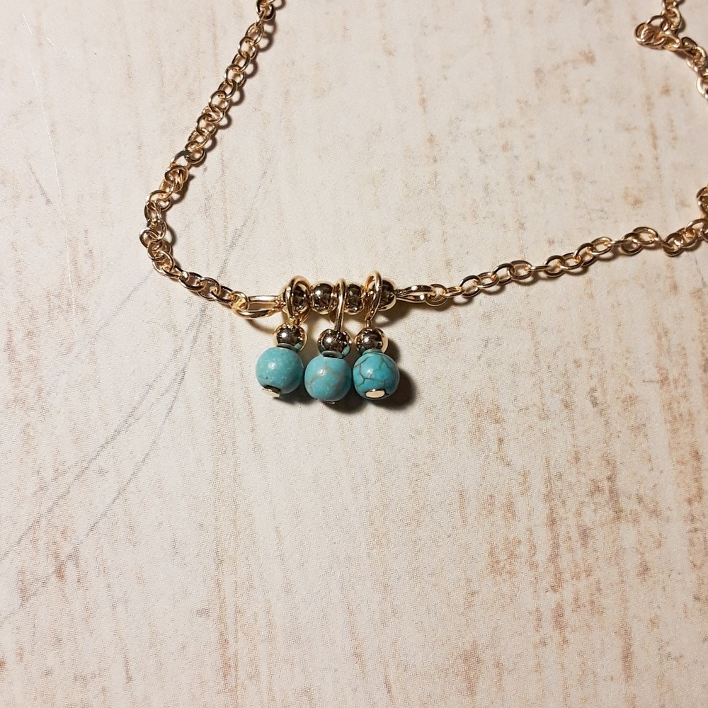 Layered Gold Turquoise Feather Pendant Necklace - Picture 3 of 6